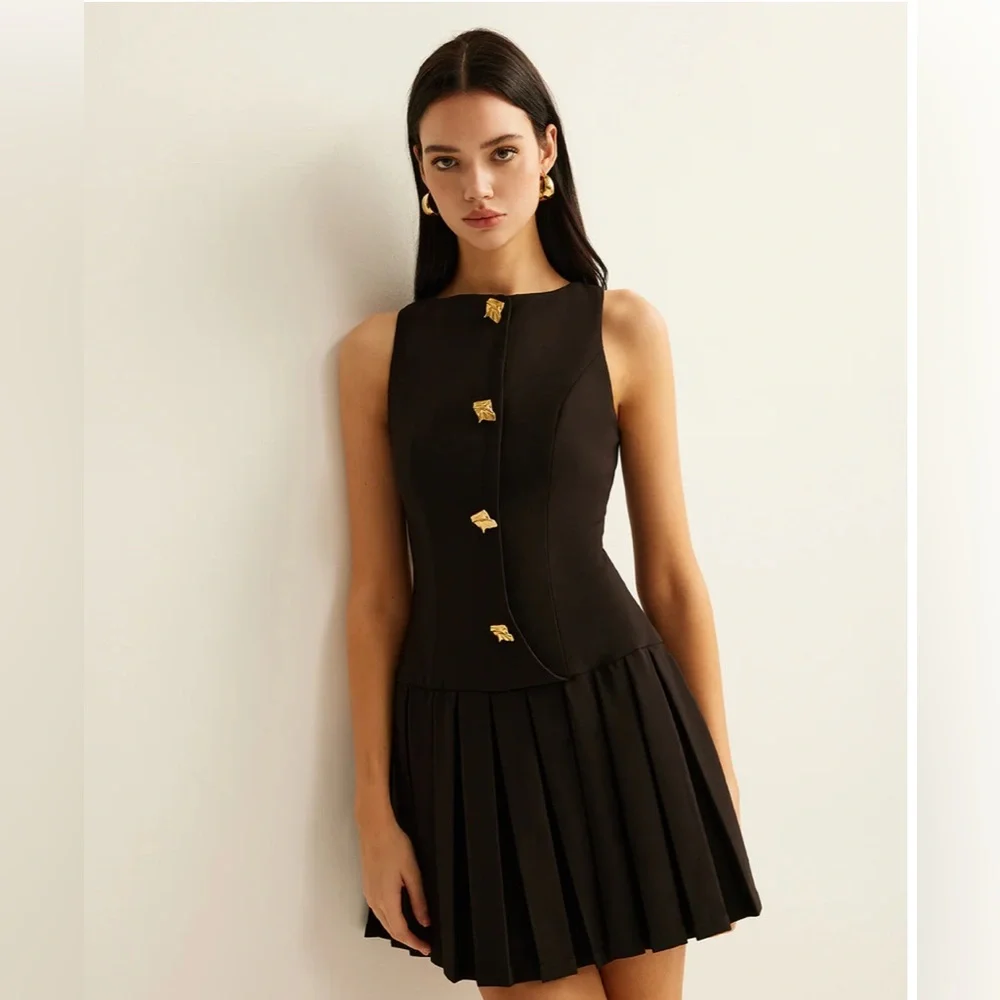 NWT Commense Metal Button Pleated Tank Dress - Picture 1 of 7